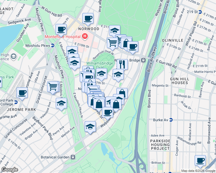 map of restaurants, bars, coffee shops, grocery stores, and more near 3216 Perry Avenue in The Bronx