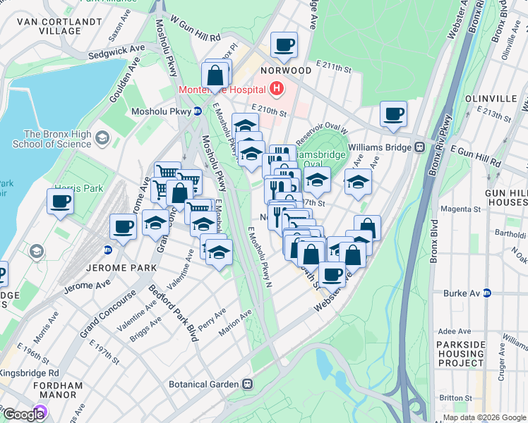 map of restaurants, bars, coffee shops, grocery stores, and more near in The Bronx