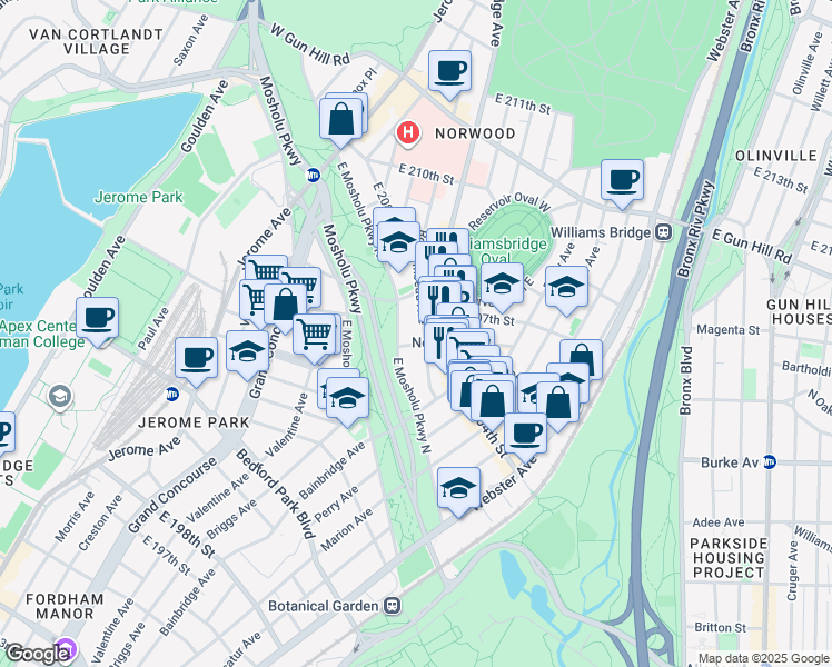 map of restaurants, bars, coffee shops, grocery stores, and more near in The Bronx
