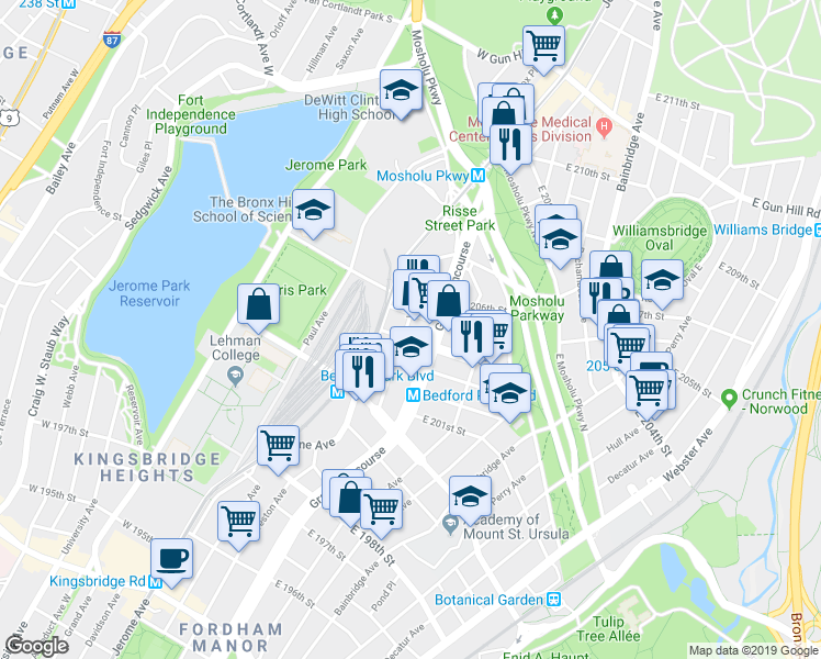 map of restaurants, bars, coffee shops, grocery stores, and more near 21 East 204th Street in Bronx