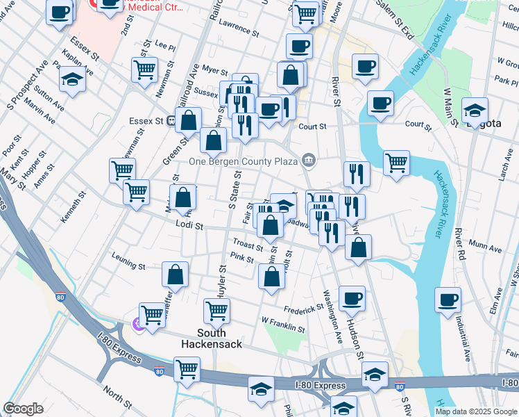 map of restaurants, bars, coffee shops, grocery stores, and more near 76 Broadway in Hackensack