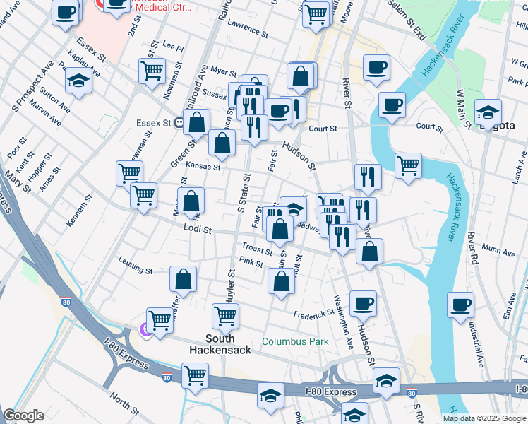 map of restaurants, bars, coffee shops, grocery stores, and more near 76 Broadway in Hackensack