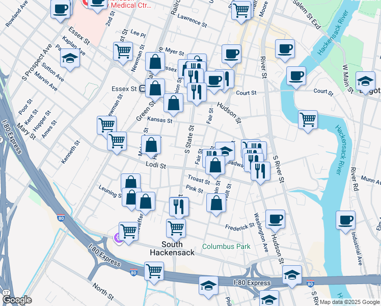 map of restaurants, bars, coffee shops, grocery stores, and more near 99 Fair Street in Hackensack