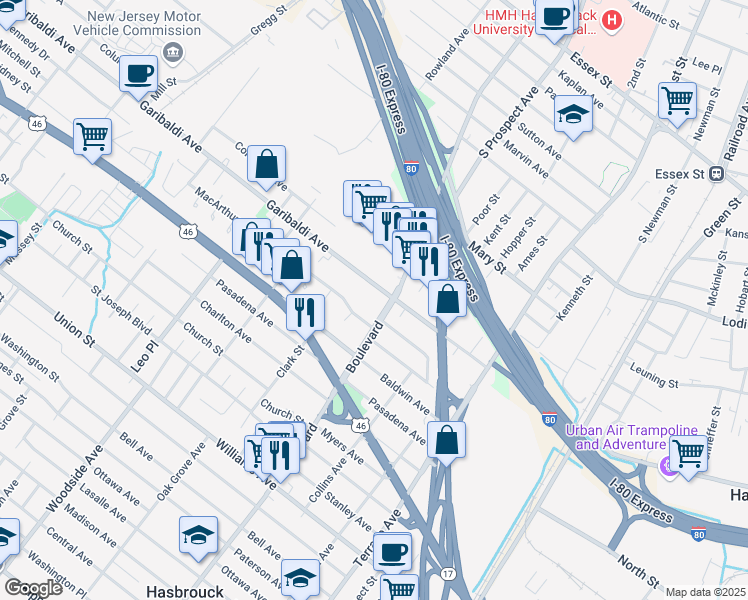 map of restaurants, bars, coffee shops, grocery stores, and more near 39 MacArthur Avenue in Hasbrouck Heights