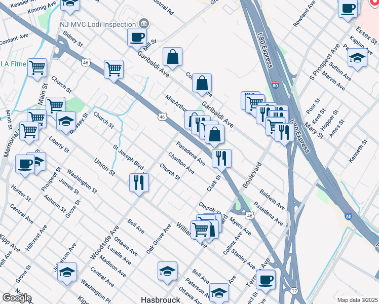 map of restaurants, bars, coffee shops, grocery stores, and more near 123 Pasadena Avenue in Lodi