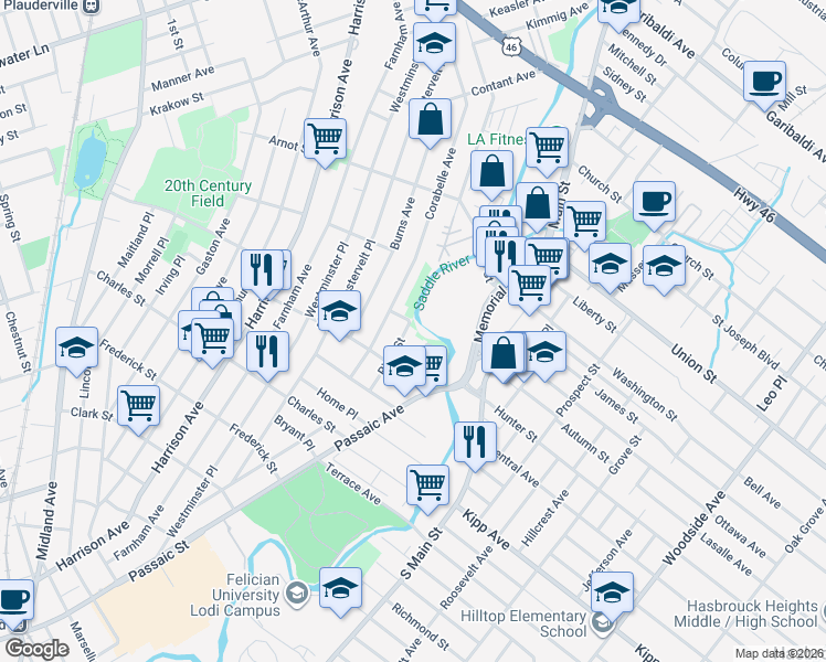 map of restaurants, bars, coffee shops, grocery stores, and more near 45 River Street in Lodi