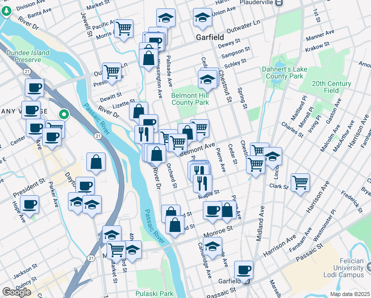 map of restaurants, bars, coffee shops, grocery stores, and more near 62 Belmont Avenue in Garfield