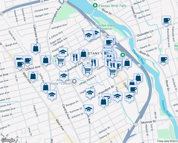map of restaurants, bars, coffee shops, grocery stores, and more near 75 Center Street in Clifton