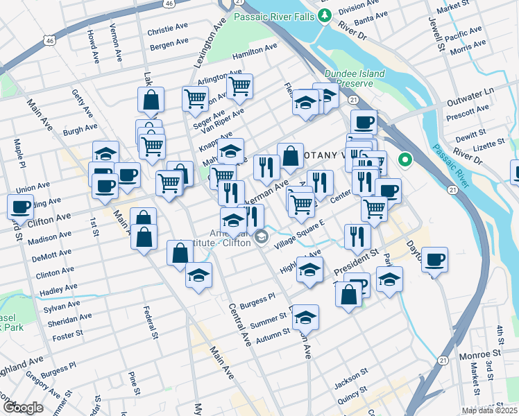 map of restaurants, bars, coffee shops, grocery stores, and more near 32 Milosh Street in Clifton