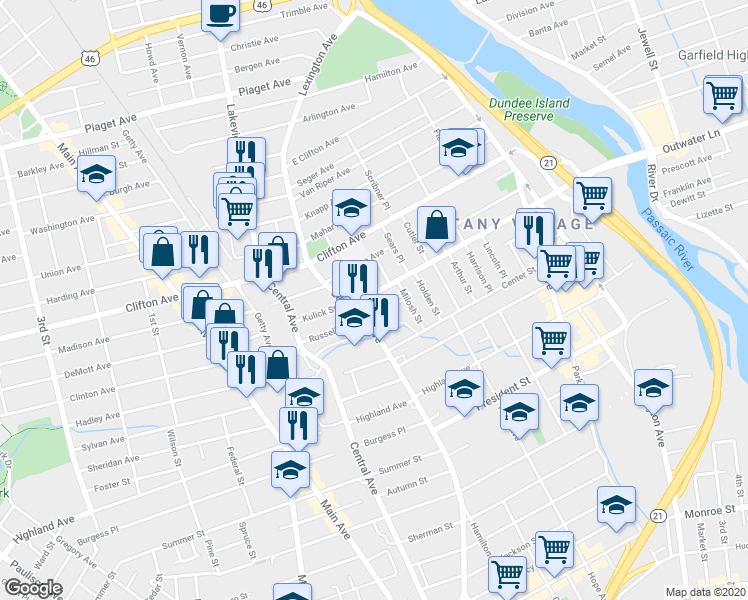 map of restaurants, bars, coffee shops, grocery stores, and more near 281 Ackerman Avenue in Clifton