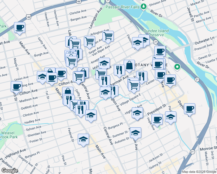 map of restaurants, bars, coffee shops, grocery stores, and more near 281 Ackerman Avenue in Clifton