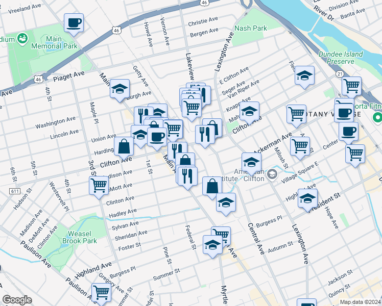 map of restaurants, bars, coffee shops, grocery stores, and more near 16 Madison Avenue in Clifton
