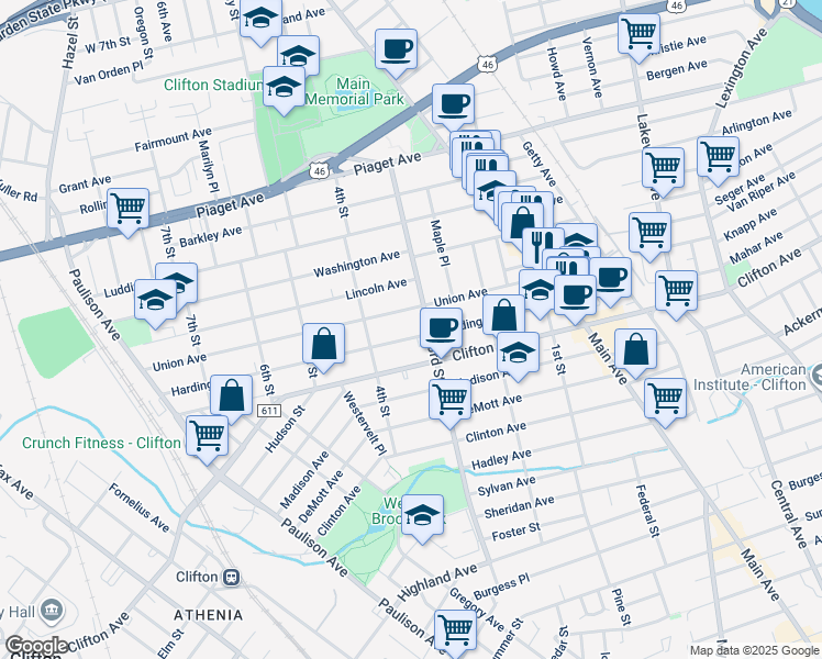map of restaurants, bars, coffee shops, grocery stores, and more near 180 Harding Avenue in Clifton