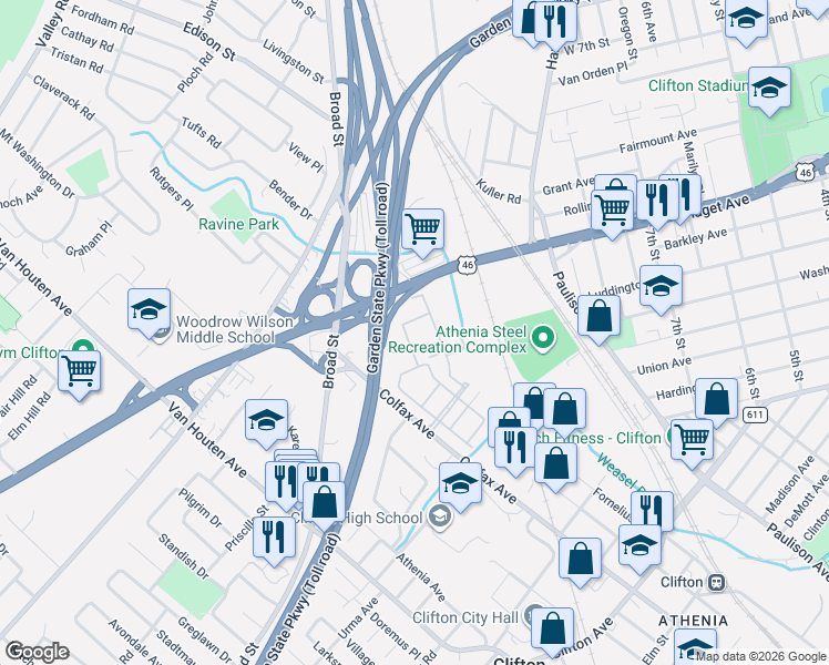 map of restaurants, bars, coffee shops, grocery stores, and more near 5203 Burwood Road in Clifton