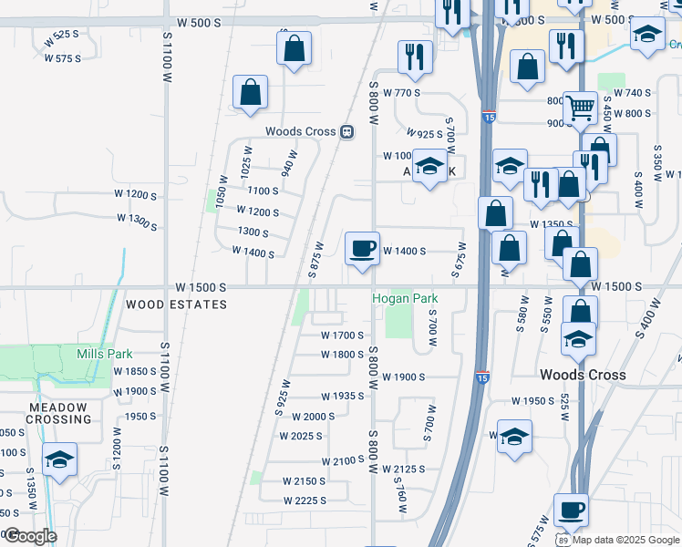 map of restaurants, bars, coffee shops, grocery stores, and more near 834 West 1500 South in Woods Cross