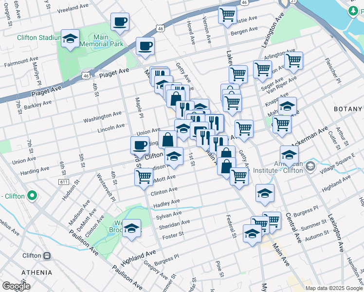 map of restaurants, bars, coffee shops, grocery stores, and more near 380 Clifton Avenue in Clifton