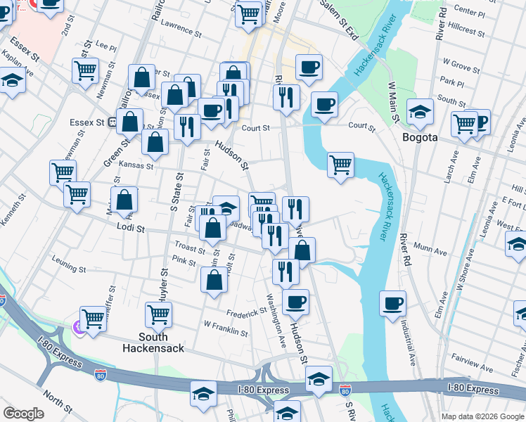 map of restaurants, bars, coffee shops, grocery stores, and more near 123 Hudson Street in Hackensack