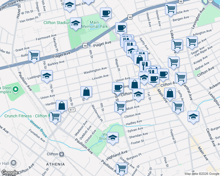 map of restaurants, bars, coffee shops, grocery stores, and more near 180 Harding Avenue in Clifton