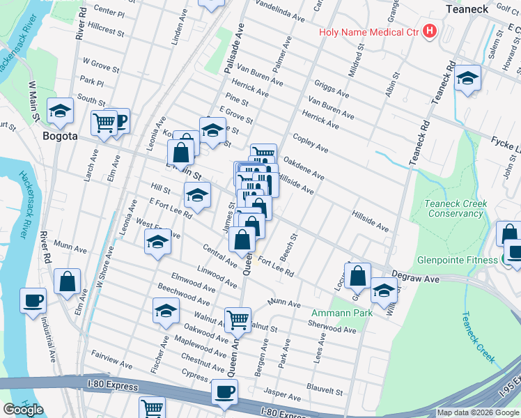 map of restaurants, bars, coffee shops, grocery stores, and more near Queen Anne Rd & Degraw Ave in Teaneck