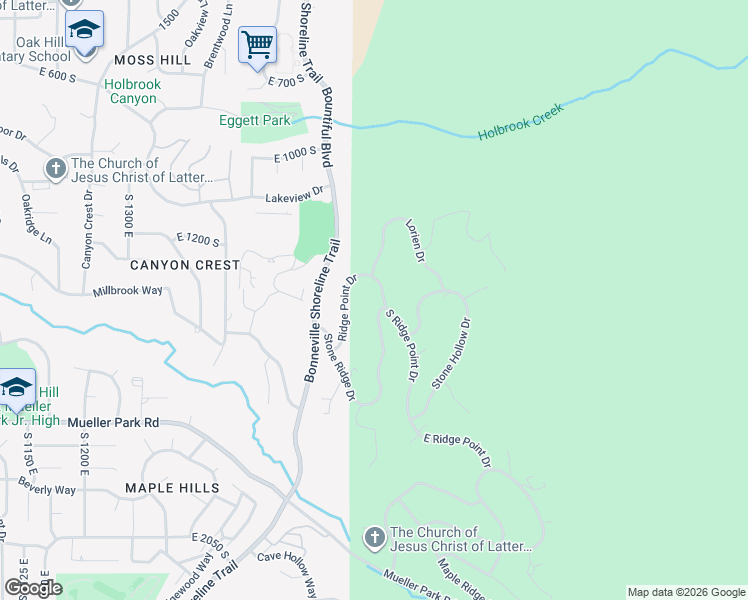 map of restaurants, bars, coffee shops, grocery stores, and more near 1416 South Ridge Point Drive in Bountiful