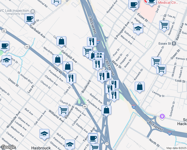 map of restaurants, bars, coffee shops, grocery stores, and more near S Summit Ave & W Pleasantview Ave in Hackensack