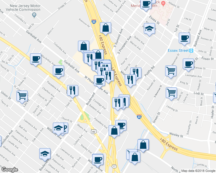 map of restaurants, bars, coffee shops, grocery stores, and more near 309 Vincent Avenue in Hackensack