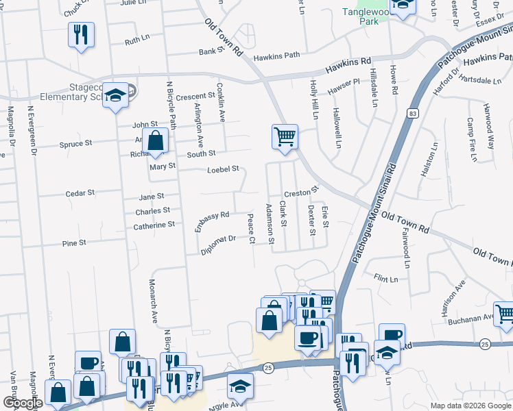 map of restaurants, bars, coffee shops, grocery stores, and more near 1 Peace Court in Selden