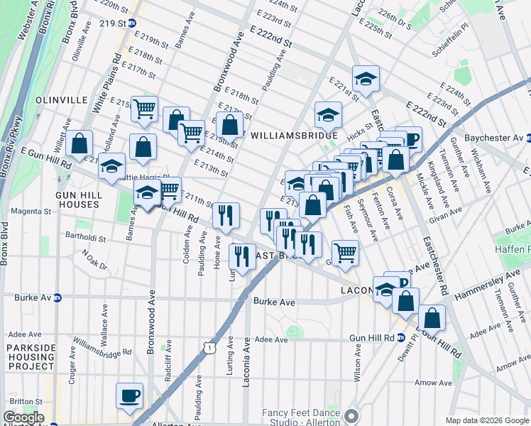 map of restaurants, bars, coffee shops, grocery stores, and more near 1118 East 212th Street in Bronx