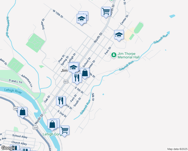 map of restaurants, bars, coffee shops, grocery stores, and more near 625 South Street in Jim Thorpe