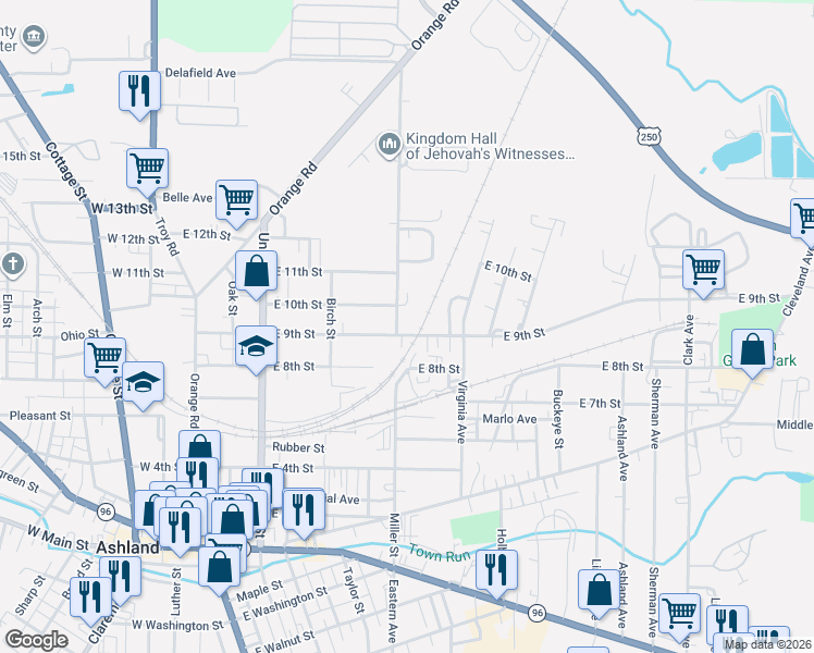 map of restaurants, bars, coffee shops, grocery stores, and more near 429 East 9th Street in Ashland