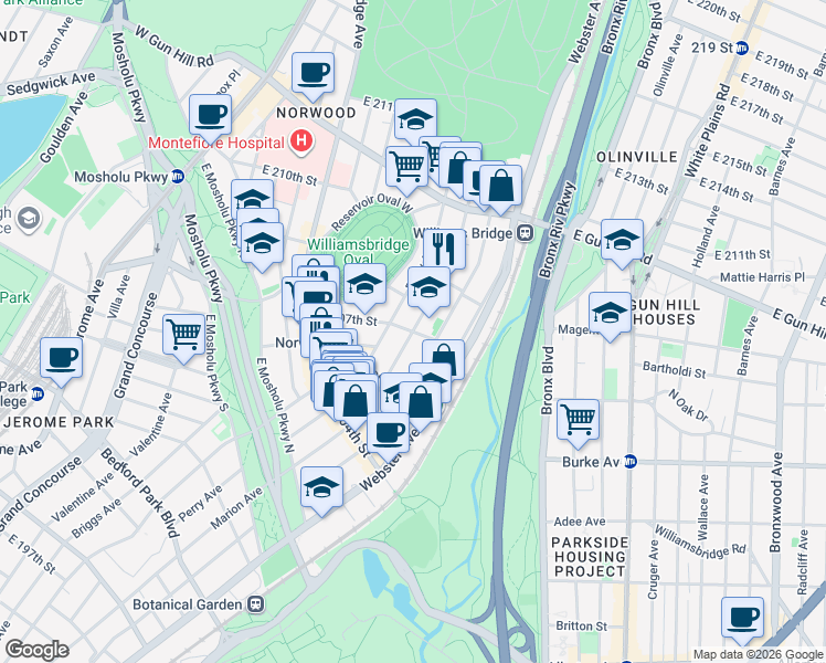 map of restaurants, bars, coffee shops, grocery stores, and more near Hull Avenue in Bronx