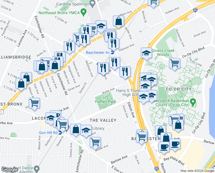 map of restaurants, bars, coffee shops, grocery stores, and more near 3209 Ely Avenue in Bronx