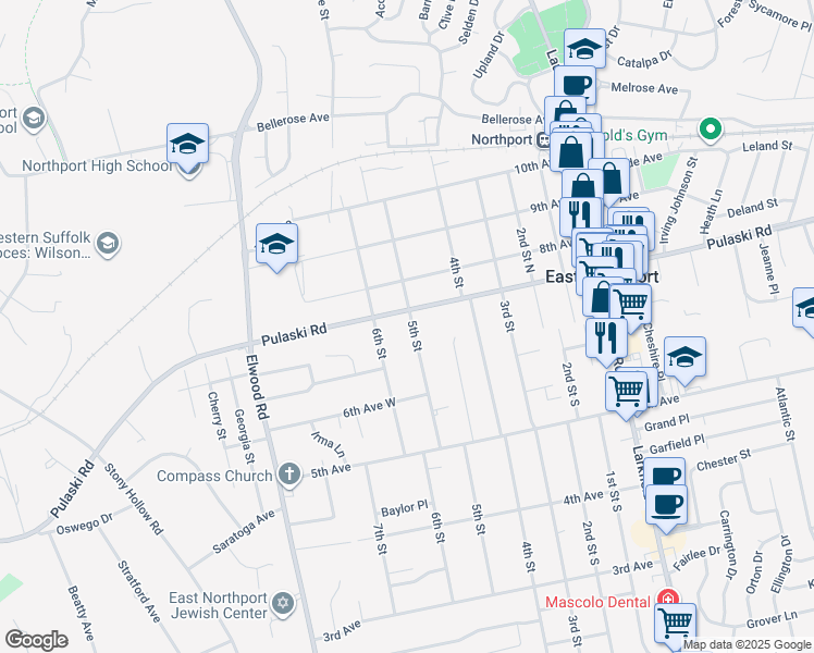 map of restaurants, bars, coffee shops, grocery stores, and more near 545 5th Street in East Northport
