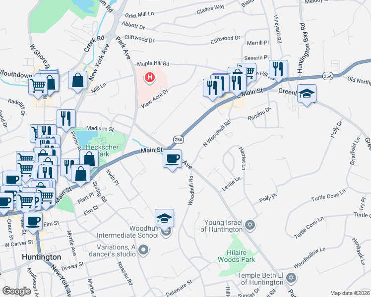 map of restaurants, bars, coffee shops, grocery stores, and more near 23 North Woodhull Road in Huntington