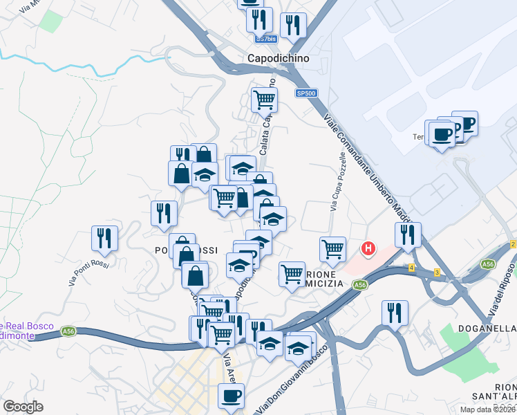 map of restaurants, bars, coffee shops, grocery stores, and more near 224 Calata Capodichino in Napoli
