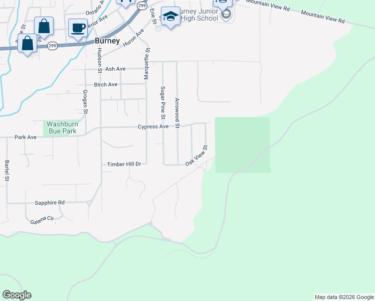 map of restaurants, bars, coffee shops, grocery stores, and more near 20137 Arrowood Street in Burney