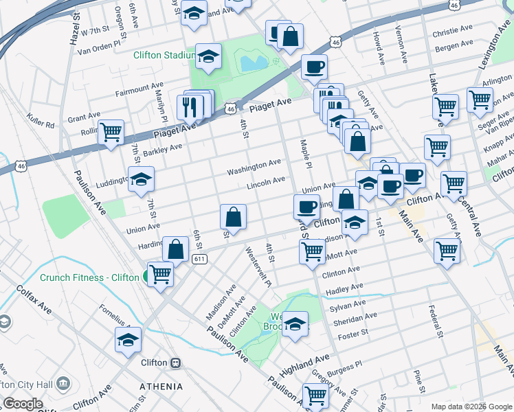 map of restaurants, bars, coffee shops, grocery stores, and more near 212 Harding Avenue in Clifton