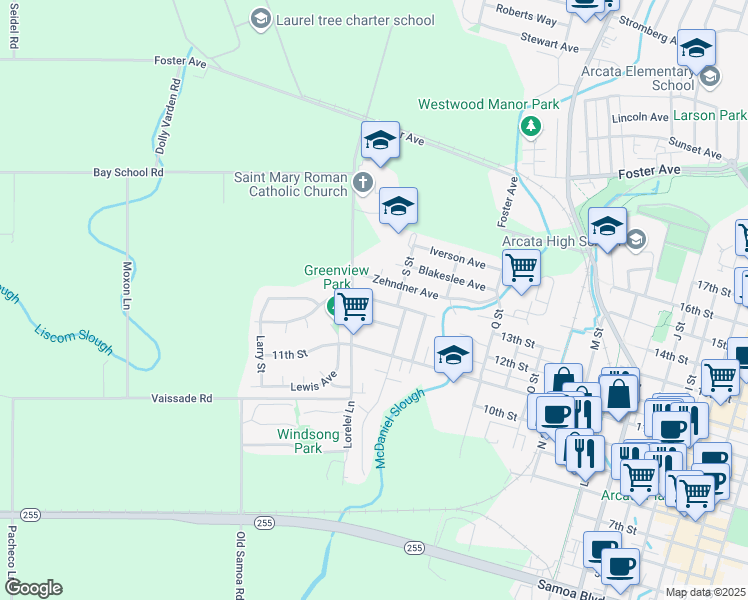 map of restaurants, bars, coffee shops, grocery stores, and more near 1929 Haeger Avenue in Arcata