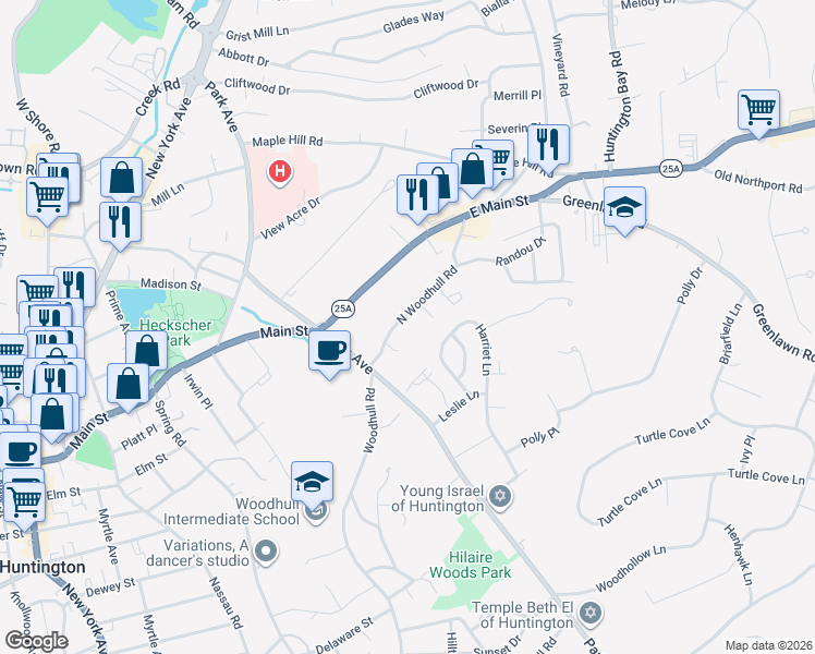 map of restaurants, bars, coffee shops, grocery stores, and more near 4 Glendon Court in Huntington