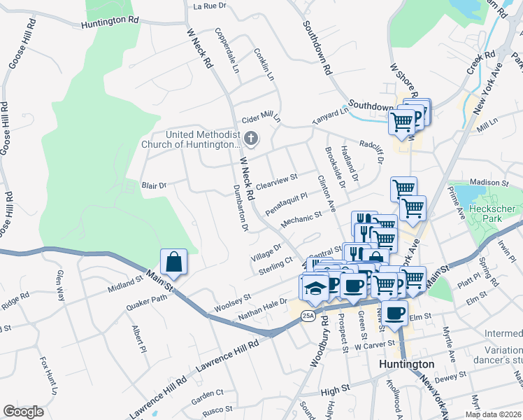 map of restaurants, bars, coffee shops, grocery stores, and more near 126 West Neck Road in Huntington