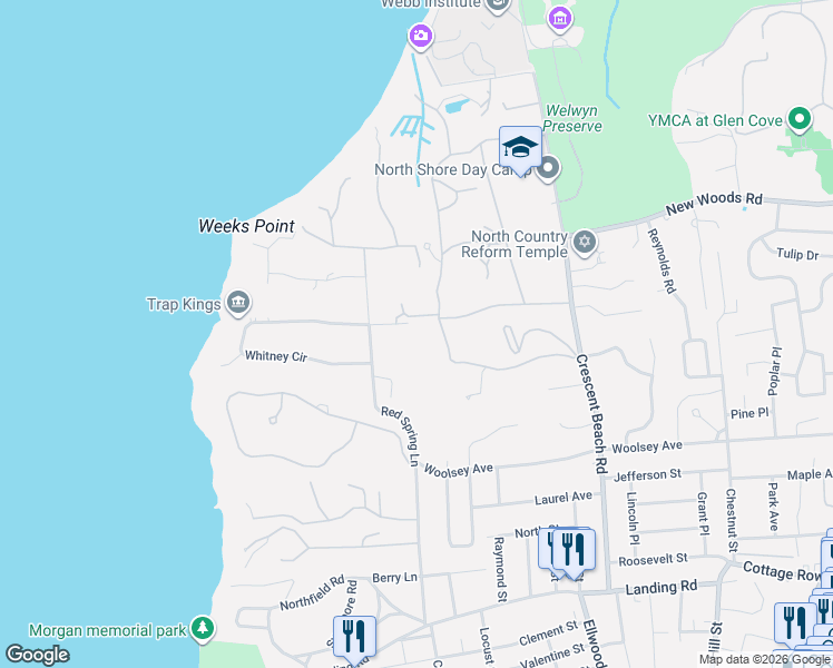 map of restaurants, bars, coffee shops, grocery stores, and more near 2 Tower Road in Glen Cove