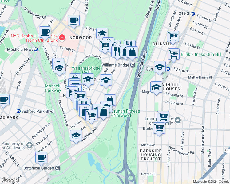 map of restaurants, bars, coffee shops, grocery stores, and more near 3249 Parkside Place in Bronx