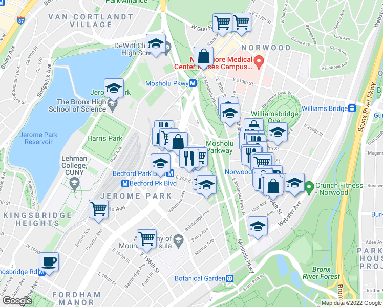 map of restaurants, bars, coffee shops, grocery stores, and more near 205 East 205th Street in Bronx