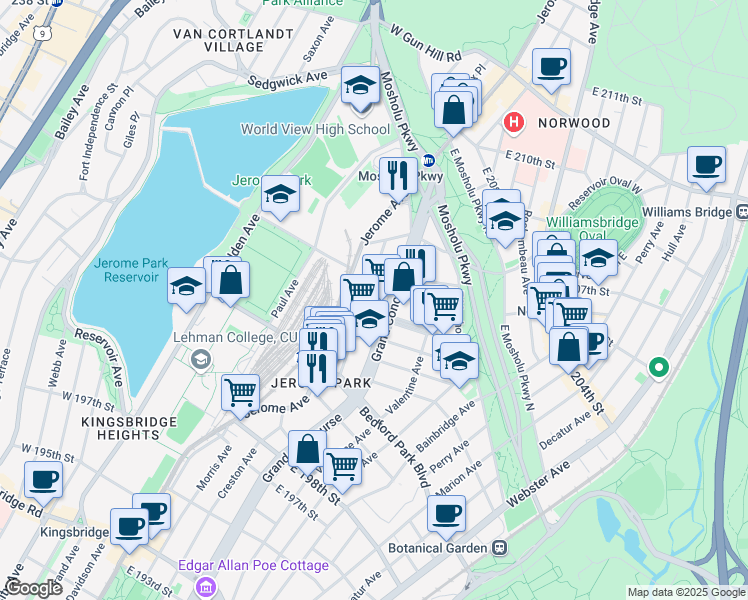 map of restaurants, bars, coffee shops, grocery stores, and more near 21 East 204th Street in Bronx