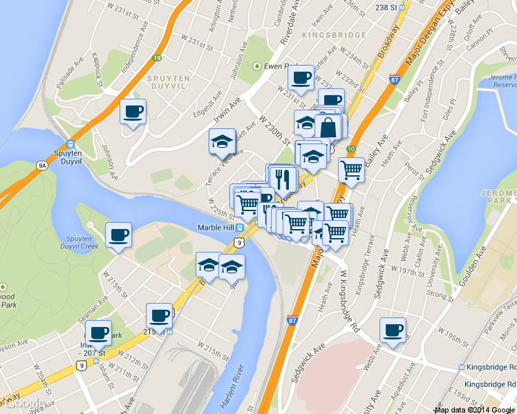 map of restaurants, bars, coffee shops, grocery stores, and more near 5215 U.S. 9 in New York