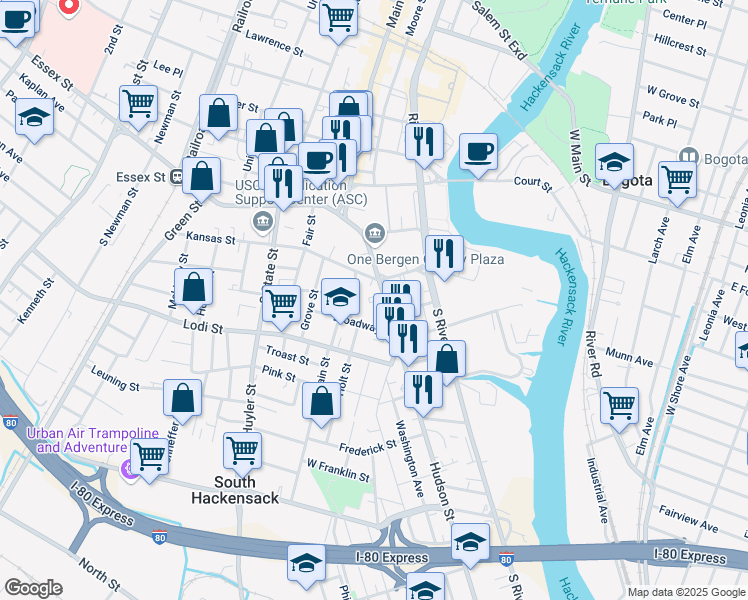 map of restaurants, bars, coffee shops, grocery stores, and more near 123 Hudson Street in Hackensack