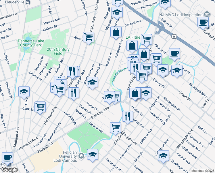 map of restaurants, bars, coffee shops, grocery stores, and more near 45 River Street in Lodi
