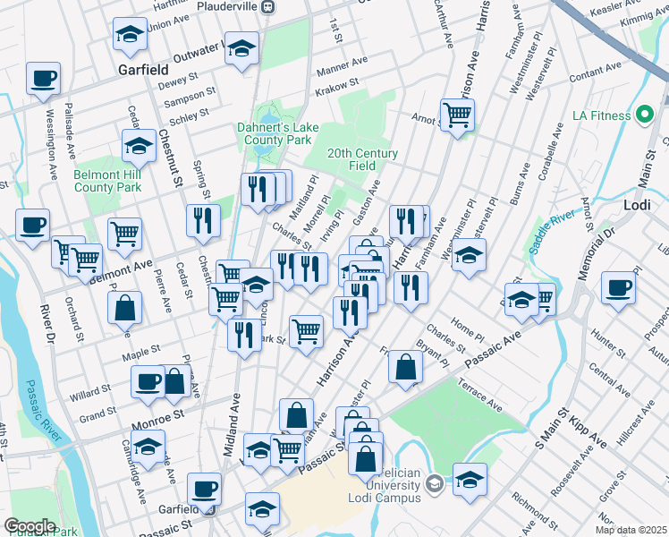 map of restaurants, bars, coffee shops, grocery stores, and more near 78 Gaston Avenue in Garfield