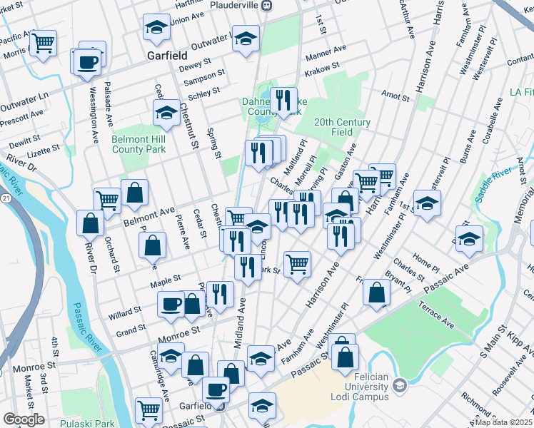 map of restaurants, bars, coffee shops, grocery stores, and more near 269 Lincoln Place in Garfield