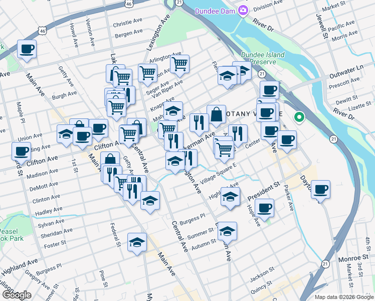 map of restaurants, bars, coffee shops, grocery stores, and more near 281 Ackerman Avenue in Clifton
